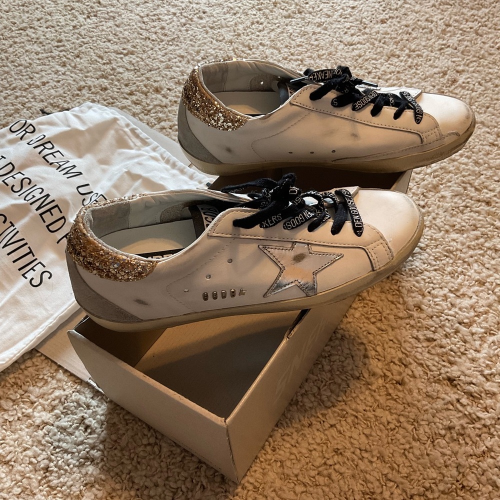 Golden Goose White and Silver Sneakers with Gold Heel - Picture 2 of 4